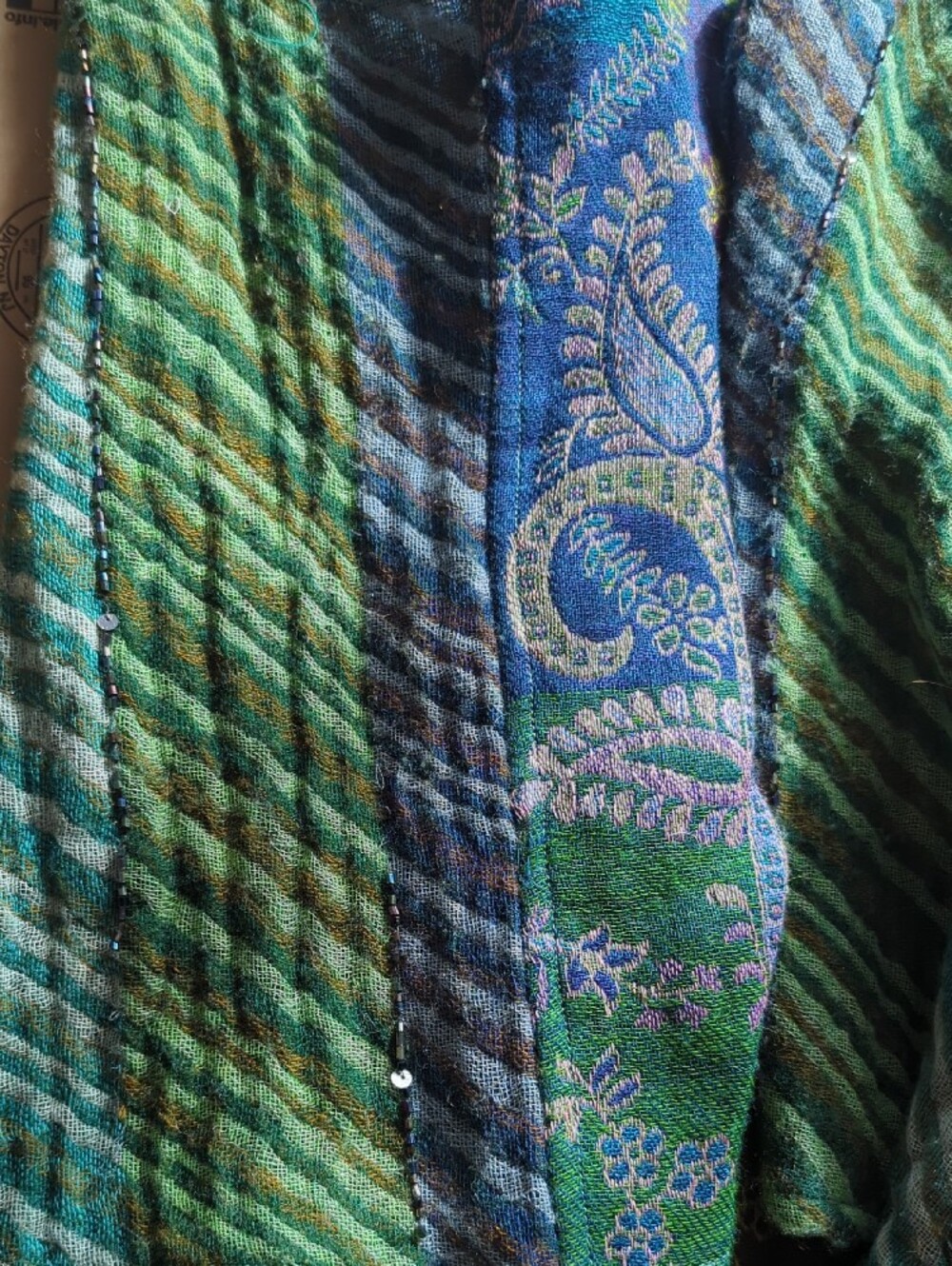 Anu by Natural 100% Wool Paisley Patchwork Beaded Boho Draped Vest Green Blue XL - Picture 16 of 16